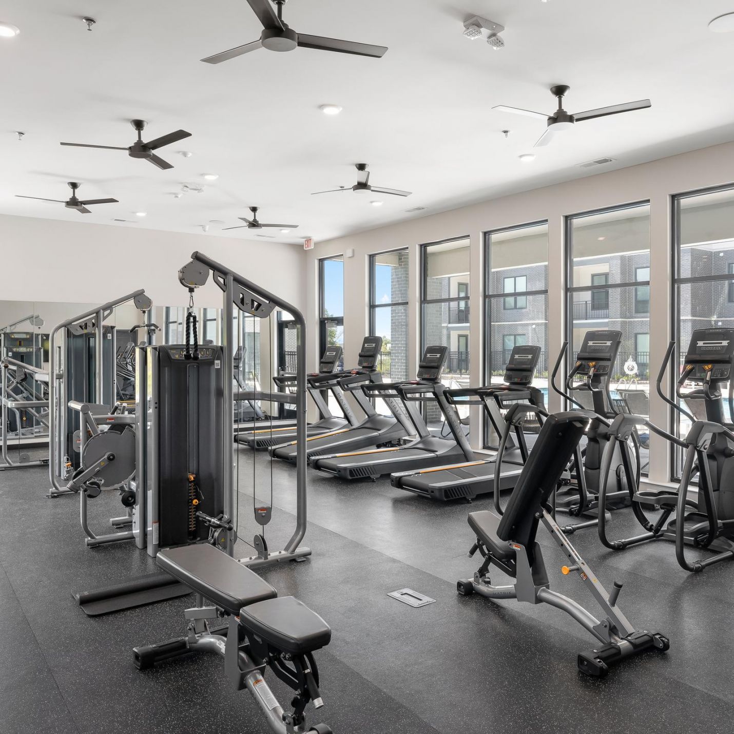 Modern gym with treadmills, weight machines, benches, and large windows letting in natural light.